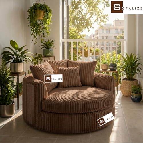 Image of SOFALIZE - Modern Barrel Accent with Pillows Round Sofa Combines Contemporary Design Oversize Arm Chair Cozy Club Chair for Bedroom, Living Room, Lounge, Hotel & Office, Hallways Sofa (Hazel)