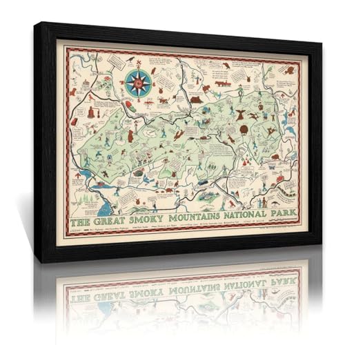 UdaCa The Great Smoky Mountains NATIONAL PARK 1939 Antique Wall Art Map USA Vintage Canvas Wall Art Print Poster For Home School Office Decor Ready to Hang Framed Wood Black 12x16inch(30x40cm)