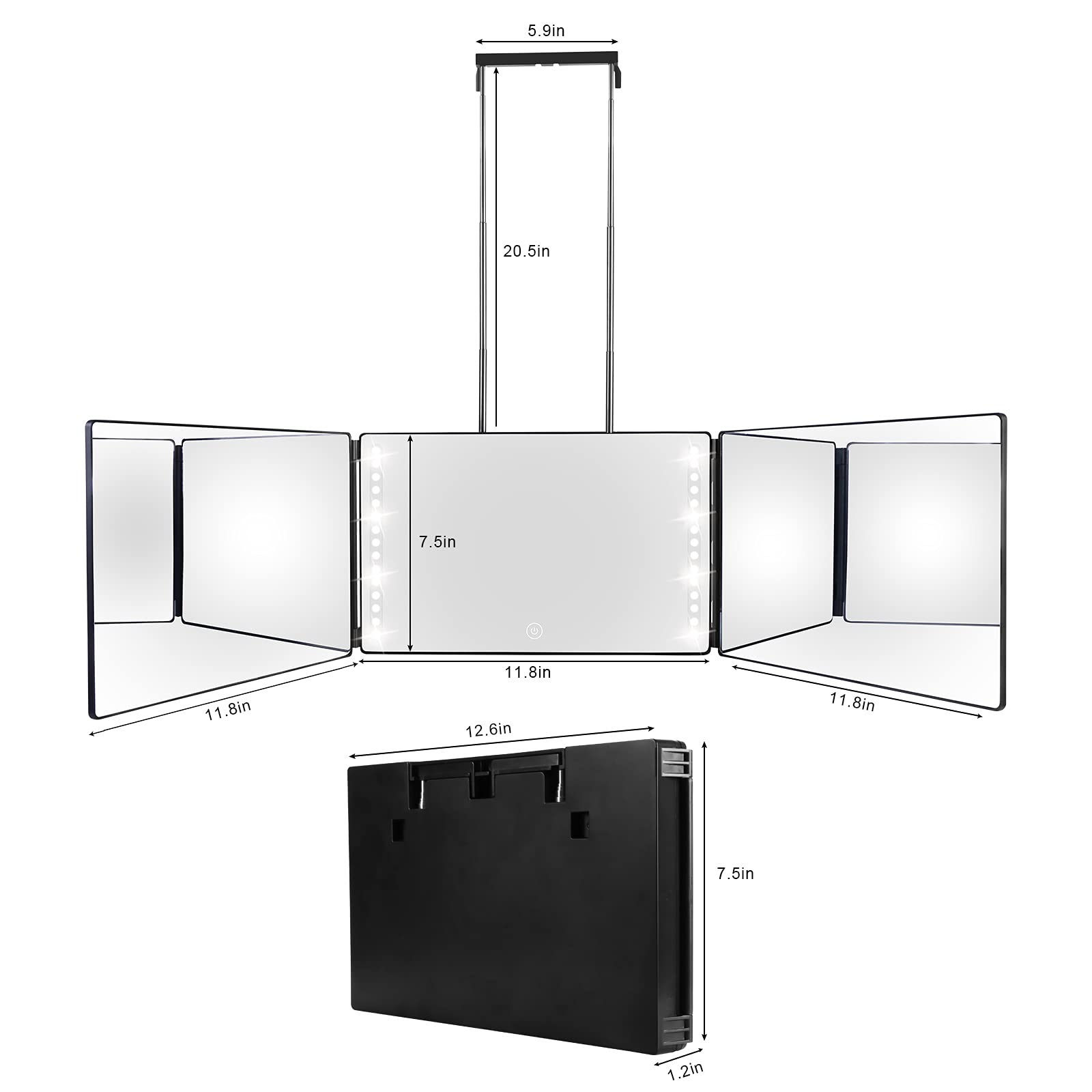 3 Way Mirror 360° Self Cut Led Mirror Trifold Mirror for Self Hair