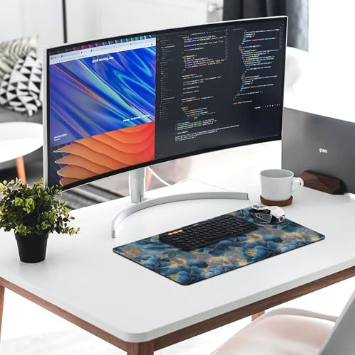 Image of Floral Retro Blue Extended Gaming Mouse Pad, with Stitched Edges Large Mouse Pad Desk Protector, Rubber Base Mousepad Keyboard Mouses Mat for Work Game Office Home- 32 inch X 16 inch Inch