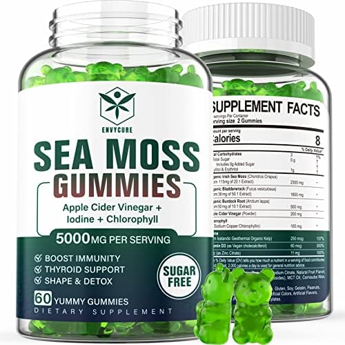 Sugar-Free Sea Moss Iodine Gummies 5000mg Extra Strength with Raw Irish Moss, Chlorophyll, Unfiltered ACV, D3, Burdock Root, Bladderwrack for Immune & Thyroid, Digestive, Joint, Skin, Vegan 60 Gummies