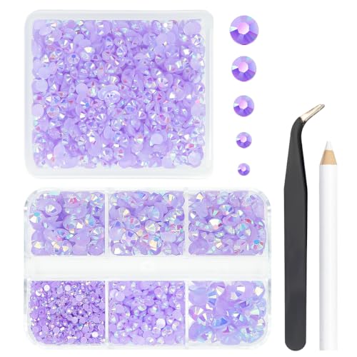 qiipii 2 Boxes 3060PCS Light Purple AB Resin Rhinestones for Crafting 2mm 3mm 4mm 5mm 6mm Violet Flatback Jelly Stones Non-Hotfix Gems Diamonds for Nails Face Eyes Makeup Tumblers Mugs Bottles Crafts