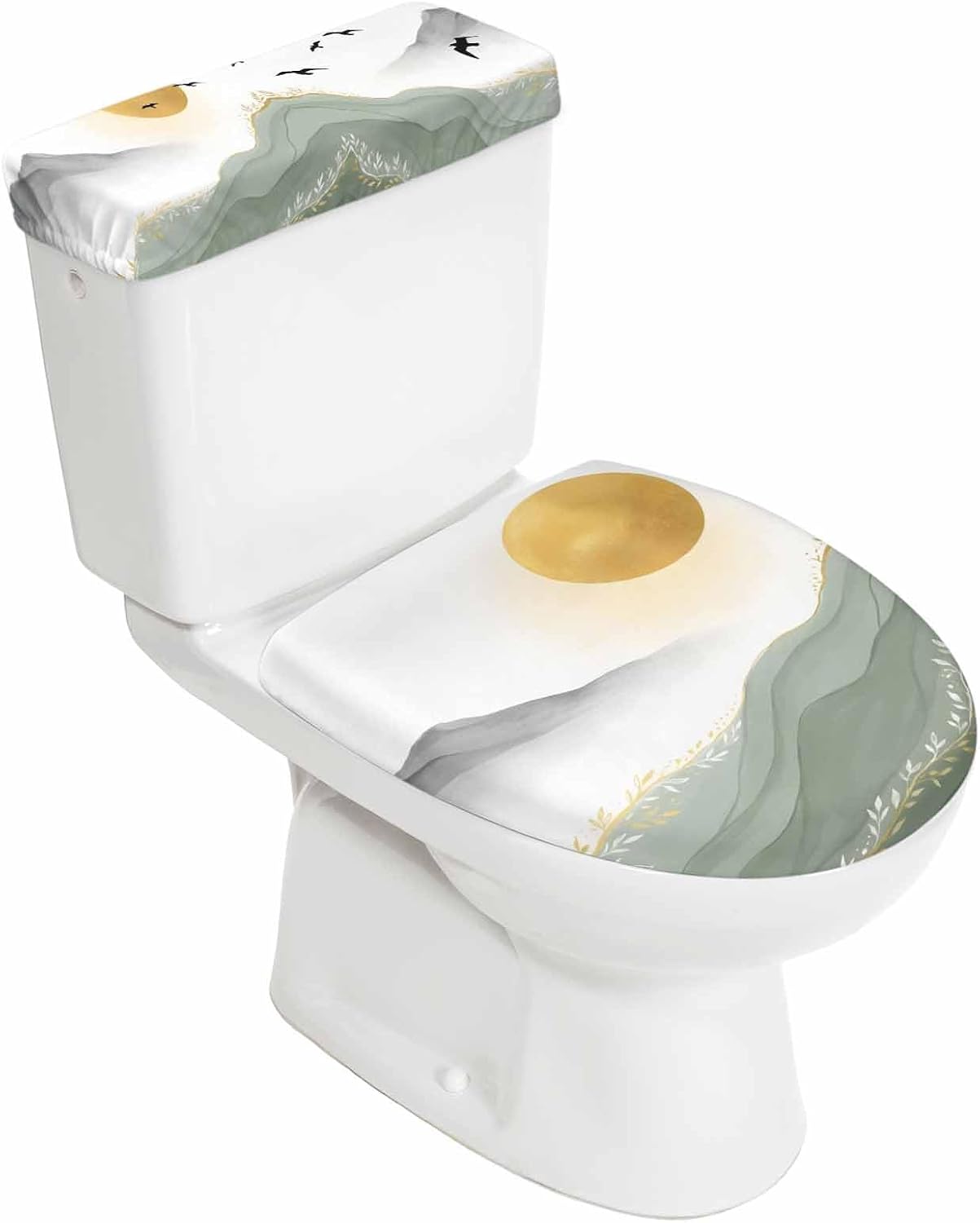 Sage Green Grey Elastic Toilet Lid and Tank Covers Set, Modern Abstract Art Farmhouse Moire Decorative Bathroom Decor, 2 Pcs Toilet Lid Cover and Toilet Tank Lid Cover with Elastic Bottom
