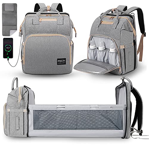Diaper Bag Backpack with Changing Station, DerJunstar Baby Diaper Bags for Baby Boy & Girl with Portable Crib, Multifunctional Travel Diaper Backpack Large Capacity, Waterproof, USB Charging Port,Gray
