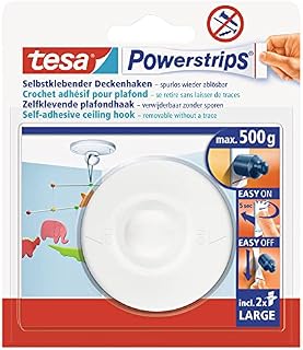 tesa Powerstrips Ceiling Hook - Adhesive Hook for Ceiling Decorations and Hanging Fixtures - Plastic Hook in White with tesa Powerstrips Large, Holds up to 500 g