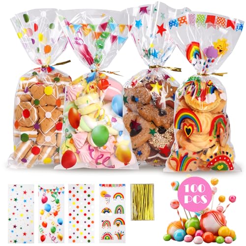 WD&CD Bolsas de Regalo, 100 Piezas Bolsitas para Regalos, 4 Estilos Globos Arcoiris Bolsas Día de Cumpleaños Dulces Fiesta Galletas para Celebración Boda