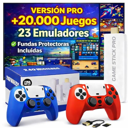 Genérico Consola Retro Plus Pro con 2 Fundas Gamepad Color | Actualizada 2026: 23 Emuladores +20.000 Videojuegos 2 Mandos Blancos | Videoconsola Arcade Juegos Clásicos Pincho Stick HDMI TV Tele
