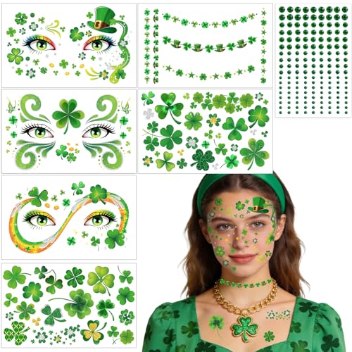 DPKOW Accessori San Patrizio Tatuaggi Temporanei St Patricks Day Tatuaggi Finti gemme per il viso San Patrick Day Tattoo Temporanei Trifoglio Finti Adesivi per Adulti Giorno di Quadrifoglio Accessori