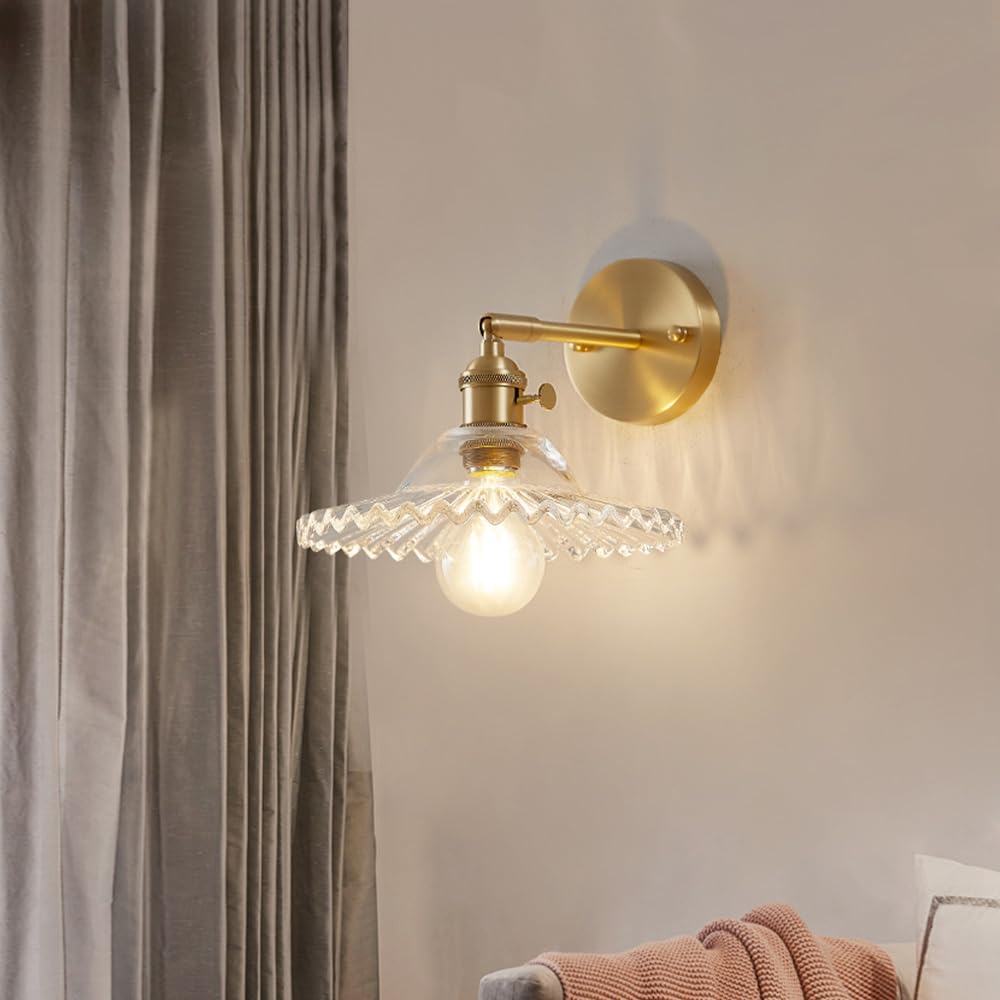 Applique da Parete Vintage con Paralume in Vetro, Applique in Ottone Regolabili a 90 Gradi, apparecchio di Illuminazione da Parete Moderno cablato con Interruttore per Comodino, Camera da Letto,