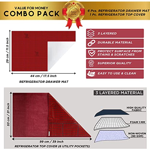 Image of PVC Waterproof 3-Layered Fridge Top Cover /Refrigerator Cover With Utility Pockets and Set of 6 Pc Fridge Mats (Color-Check Red, Size-39x21 Inch)