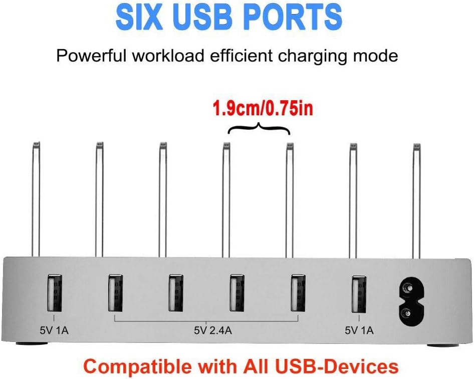 60% Off Discount USB Charging Station for iPhone 13,COSOOS Charger Station with 5 lPhone Cable,1 Type-C,1 Micro Cable,6-Port Charging Station for Multiple Devices(Silver White)