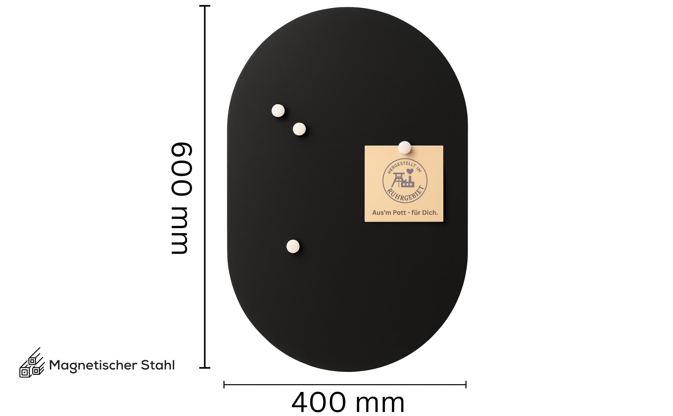 BEHE Metall Magnettafel Modern,40 x 60 cm, MetalBoard Memoboard für alle Magnete, Magnetpinnwand für Notizen & Fotos - Made in Germany (Oval, schwarz)