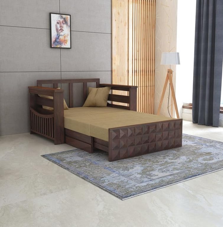 Image of Solid Sheesham Wood Sofa Cum Bed 2 Seater | Wooden Foldable Double Bed for Living Room with Headboard & Storage | Bed Cum Sofa with Mattress for Home | Diamond Design (Walnut Finish)