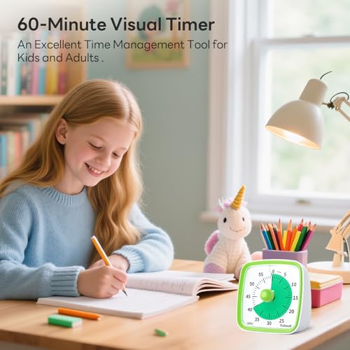 Image of Yunbaoit Visual Timer with Night Light, 60-Minute Countdown Timer for Kids and Adults, Silent Classroom Timer, Time Management Tool for Home, School, or Work (Light Green)