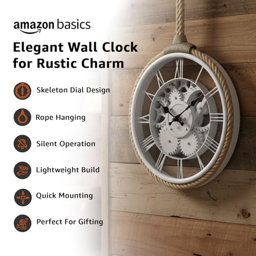 Image of Amazon Basics Plastic Wall Clock with Rope for Hanging, Skeleton Dial Design, Lightweight & Durable, 32 cm Diameter x 4.5 cm Width, Ideal for Indoor Decor - White