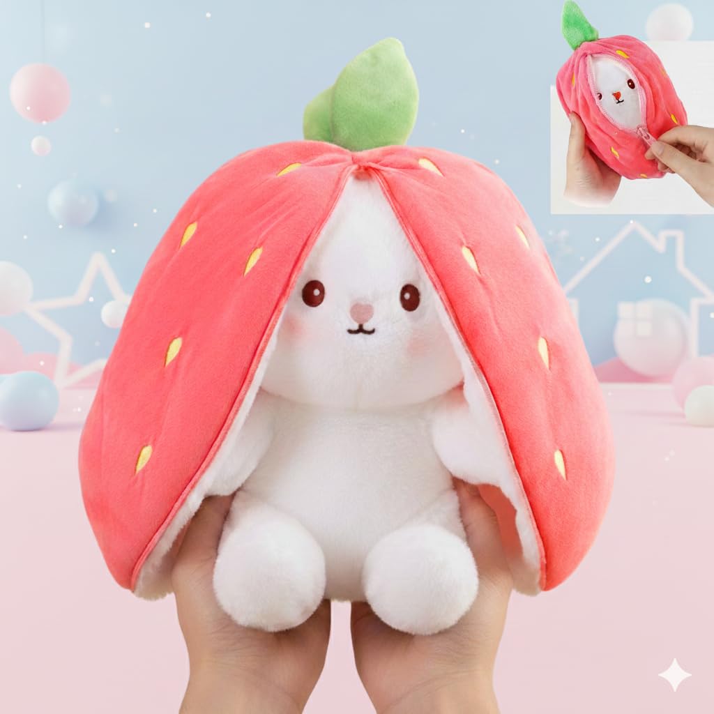 Reversible Rabbit Stuffed Animal Cuddle Strawberry Bunny Plush with Zipper (28 CM) Baby Boys Girls Kids