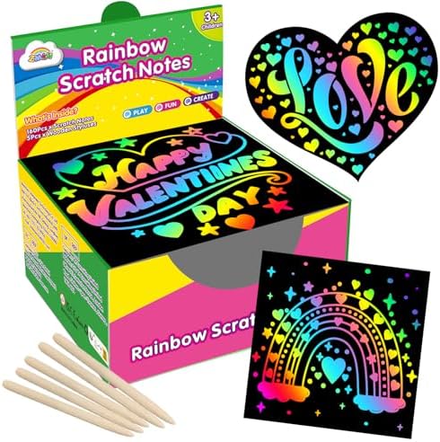 ZMLM 165 Rainbow Scratch Paper Art Notes: Kids Valentines Day Crafts Gifts Age 4 5 6 7 8 9 10 Years Old Girls Boys Toys Students Classroom Prizes School Activity Easter Basket Stuffers Essentials
