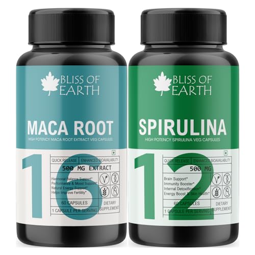 Bliss of Earth Maca Root Extract Capsules & Spirulina Supplement Capsules For Men & Women, 500mg High Potency Root Extract 60 Veg Capsules For Pre Workout Energy, Stamina & Endurance (Pack of 2) Bliss of Earth Maca Root Extract Capsules & Spirulina Supplement Capsules For Men & Women, 500mg High Potency Root Extract 60 Veg Capsules For Pre Workout Energy, Stamina & Endurance (Pack of 2)