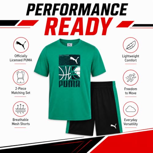 Image of PUMA Boys Short Set - 2 Piece Short Sleeve Crewneck Performance Graphic Tees and Athletic Mesh Shorts for Boys (Sizes: 4-16)