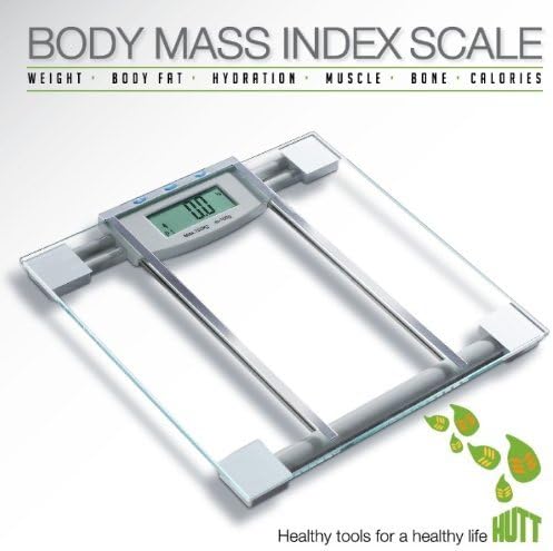 HUTT Products SlimFit 6 in 1 Premium BMI Glass Scale w/ "Step-On" Technology Large LCD 330 lb Capacity 4 Point Pressure System Memory Bank