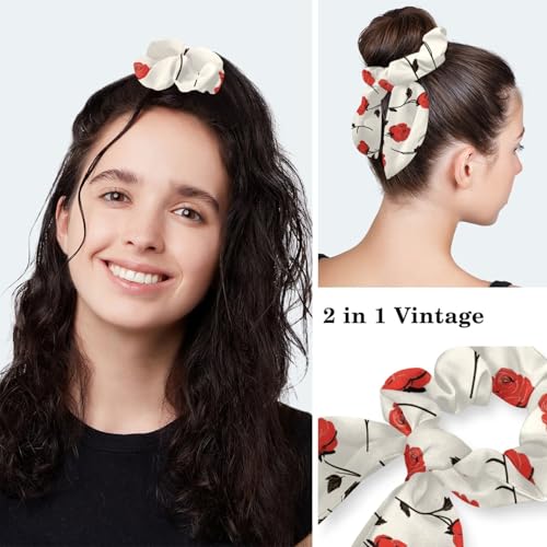 Image of Red Blooming Rose Flowers Black Working Cap with Scrunchy and Ribbon Tie for Women, Long Hair