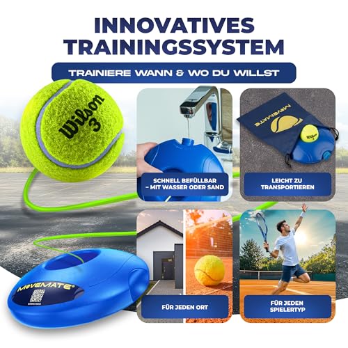 MOVEMATE Tennis-Trainer Set mit Wilson® Tennisball | innovatives Ballspiel für Draußen, im Garten, im Park für Kinder & Erwachsene | inkl. Transporttasche & Übungsvideos