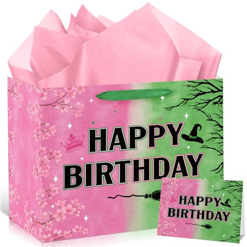 aqwithaj Witch Birthday Gift Bag for Girl Pink And Green Birthday Bag with Wrapping Paper and Greeting Card Musical Witch Hat Crown Movie Theme Paper Bags Gift Box for Friendship Bday Party Supplies