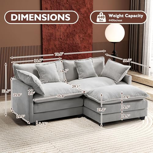 Image of Ihanherry 77 inch L Shaped Modern Sofa Modular Sectional Cloud Couch with Ottoman, 3-Seat Chenille Deep Seat Sofa with Pillow for Living Room, Bedroom and Apartment, Grey