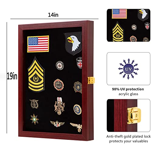 Image of VERANI Pin Display Case Badge Display Frame Large Mahogany for Beach Tags | Flexible layout arrangement,Premium real clear glass door,Wood matte black frame,Wall mountable design