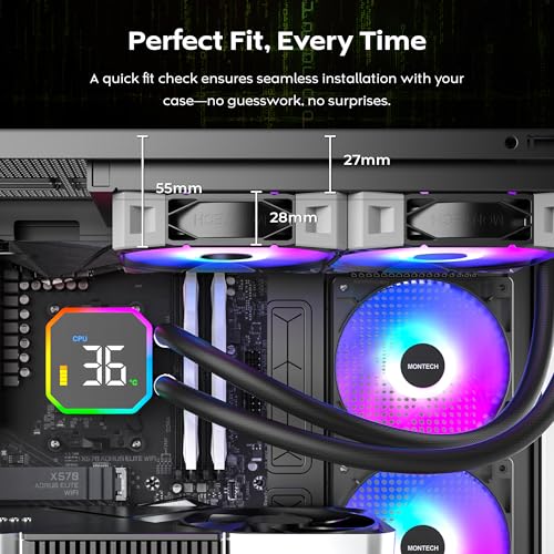 Image of MONTECH HyperFlow Digital 240 CPU Liquid Cooler, 240mm AIO with 3100RPM Pump, 2x120mm E28 ARGB Fans, Real-Time Digital Display, Intel & AMD Support (Black)