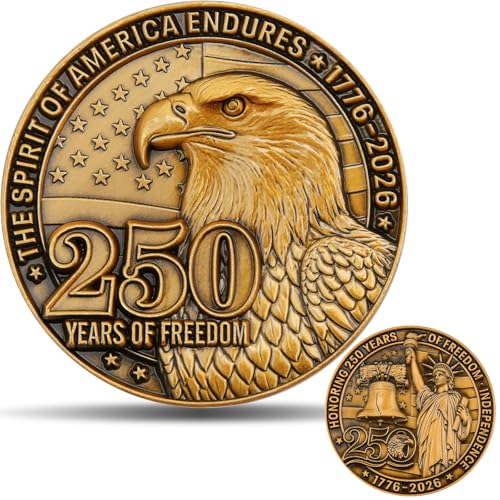 3D Golden Challenge Coin - 250 Years of Freedom & Independence (1776-2026) Commemorative Zinc Alloy Coin with Eagle and Liberty Bell, 1.574 Inches