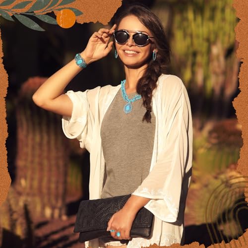 Image of Ecally Bohemian Western Jewelry Turquoise Set Women Country Pendant Long Choker Layered Bracelets Earrings Ring for Women