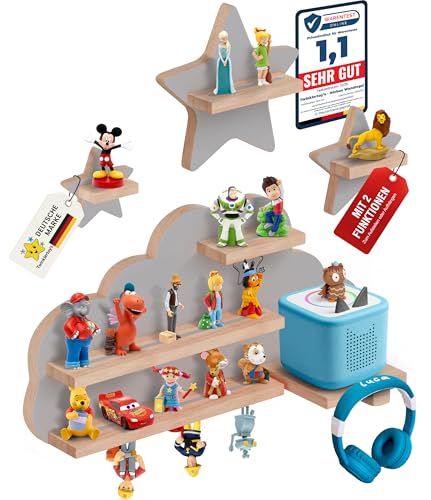 Twinklertoys Hörbox Wandregal aus Holz mit magnetischer Halterung & zusätzlichen Sternen für 3037 Hörfiguren Regal in Wolkenform fürs Kinderzimmer kompatibel für Toniebox & Figuren