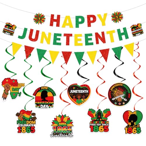 Image of Gameza Happy Juneteenth Party Decorations - 11 Pcs Freedom Day Juneteenth Party Banner Hanging Swirls Decorations, Black History Independence Day Themed Supplies for African American