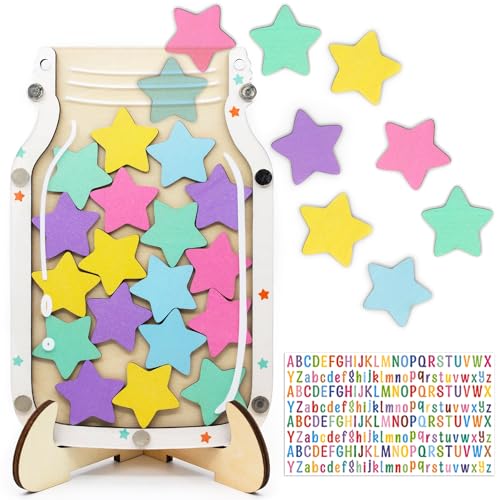 Image of YUNFIRE Personalized Stars Reward Jar for Kids, DIY, with Colorful Letter Stickers, Potty Training, Chore Chart, Magnetic Bulletin Board, Positive Behavior Chart for Classroom (Colorful Stars)
