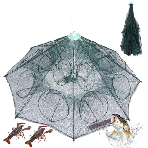 Image of Proberos Fishing Net, Foldable Fishing Net with Reinforced Ribs 24 Holes Automatic Fish Trap, Portable Nylon Lobster Crab Trap Cage Basket Tool for Fishing(12 Sides 24 Holes)