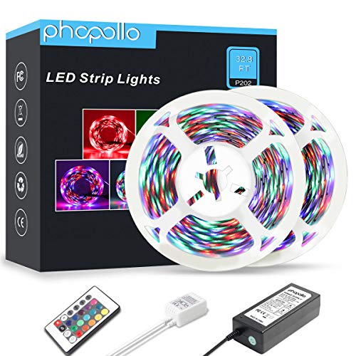 PHOPOLLO LED Strip Lights, 32.8ft RGB Color Changing 3528 600LEDs Non-Waterproof Flexible LED