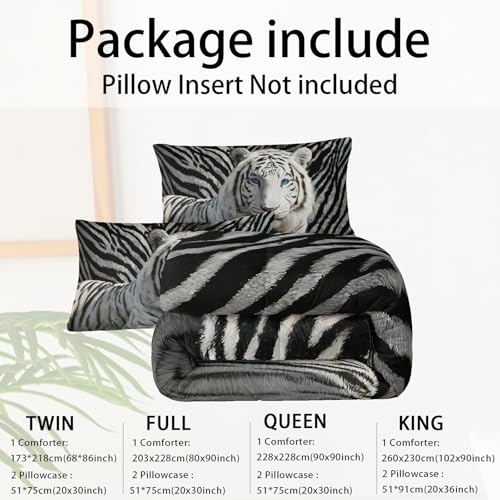 Image of 3Pcs White Tiger Comforter Set Twin Size for Teen Boys Girls Room Decor,3D Animals Print Comforter Set,Wild Animals Theme Black White Stripe Tiger Bedding Set