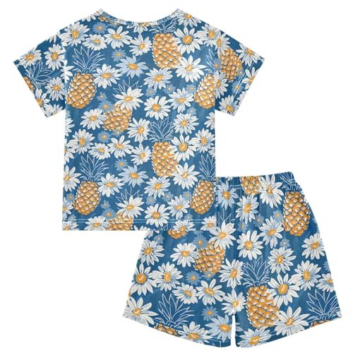 ALAZA Daisy Flowers Pineapples Blue Pajama Set Short Sleeve Sleepwear Soft Lounge Nightwear2