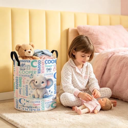 Image of Custom Elephant Laundry Hamper, Personalized Laundry Basket with Name, Customized Dirty Clothes Basket for Clothes Toy Bathroom Bedroom Storage,S-16.5 inchX 13.8 inch