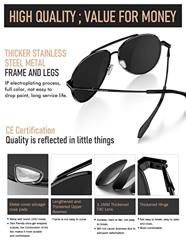 Image of LUENX Men Women Aviator Sunglasses Polarized - UV 400 Protection Black Non Mirror Lens Metal Frame with case 60mm