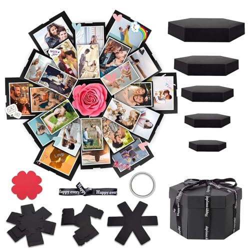 Explosion Box, Black 6-Sided Exploding Gift Box for Photos and Chocolates, DIY Exploding Box, Creative Scrapbook Gift Box for Birthday, Wedding, Anniversary, Valentine's Day, Easter