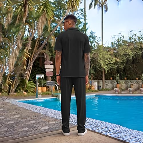 Men's Casual Outfits Button Down Short Sleeve Shirt & Elastic Waist Pants 2pcs Loose Set4