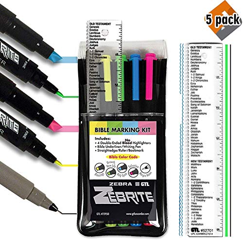 Zebrite Double Ended Bible Highlighting & Marking Kit (Set of 5 + Ruler) - Yellow, Pink, Green, Blue, Black - 5 Pack