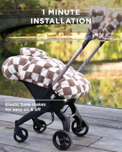 Image of 7AM Enfant Car Seat Covers - Cocoon Baby Cover for Boys & Girls, Rain & Snow Repellent, Breathable Windproof, Center Zipper, Universal Fit for Infant Car Seat (0-12M) (Print Checkers Tan)