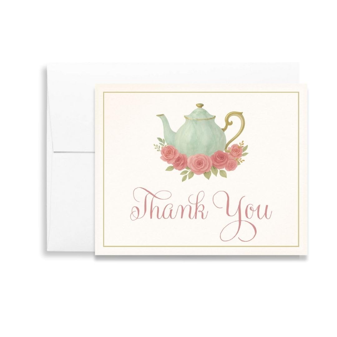 The Invite Lady Bridal Shower Thank You Cards with Envelopes | Tea Cup English Rose Floral Folding Notes Wedding Party | Set of 50