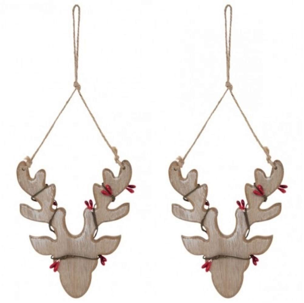 LeCoCo Whitewashed Wood Deer Antlers Christmas Ornament Set with Pip Berries, Rustic Holiday Lodge Camp Cabin Cottage Decor