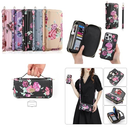 Étui pour iPhone 11 violet en cuir amovible avec rabat multi-portefeuille et motif floral - 2