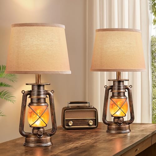 LEDIARY 18.72" Black Gold Vintage Lantern Flickering Flame Table Lamps