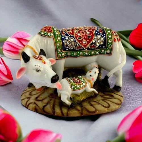 Image of SAUDEEP INDIA Good Luck Gift Items Art Handicraftgiftgallery Decorative Marble dust /Polyresin Cow and Calf Showpiece Idols and Figurines, 5x3x3Inch (Export Quality)